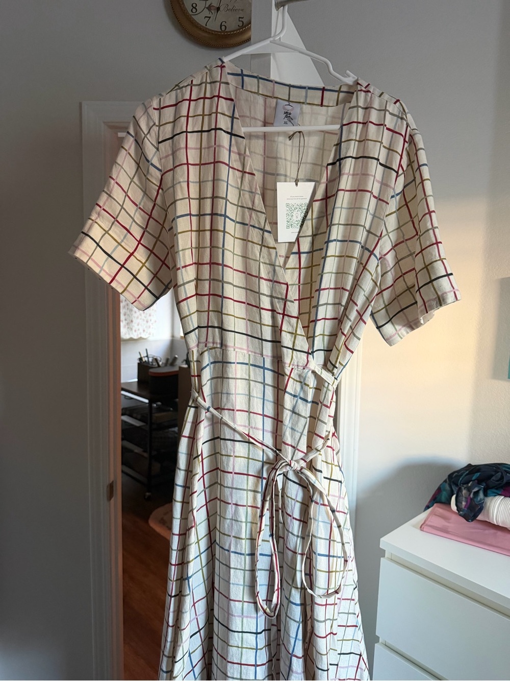 Son de Flor Cream Wrap Dress with Multicolor Grid